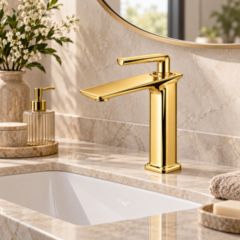 Baterie sanitară pentru baie, AVI®, auriu, H pipă 16 cm, H total 21 cm, cu racorduri incluse, AVI-5718 [5]