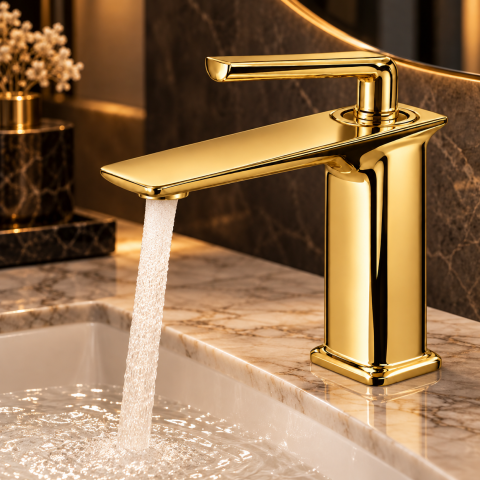 Baterie sanitară pentru baie, AVI®, auriu, H pipă 16 cm, H total 21 cm, cu racorduri incluse, AVI-5718 [4]