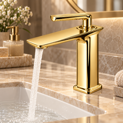 Baterie sanitară pentru baie, AVI®, auriu, H pipă 16 cm, H total 21 cm, cu racorduri incluse, AVI-5718 [2]
