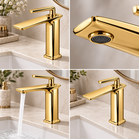 Baterie sanitară pentru baie, AVI®, auriu, H pipă 16 cm, H total 21 cm, cu racorduri incluse, AVI-5718 [1]