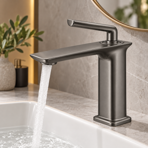 Baterie sanitară pentru baie, AVI®, gri grafit satinat, H pipă 16 cm, H total 21 cm, cu racorduri incluse, AVI-5719 [4]