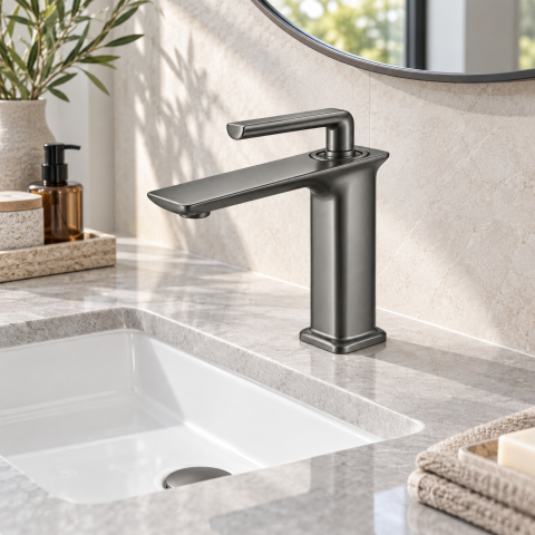 Baterie sanitară pentru baie, AVI®, gri grafit satinat, H pipă 16 cm, H total 21 cm, cu racorduri incluse, AVI-5719 [3]