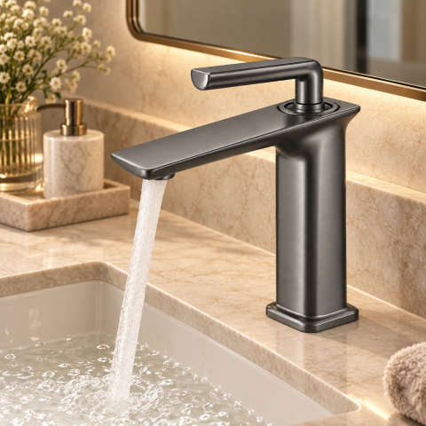Baterie sanitară pentru baie, AVI®, gri grafit satinat, H pipă 16 cm, H total 21 cm, cu racorduri incluse, AVI-5719 [5]