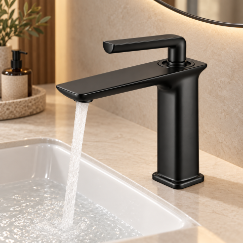 Baterie sanitară pentru baie, AVI®, negru mat, H pipă 16 cm, H total 21 cm, cu racorduri incluse, AVI-5717 [1]