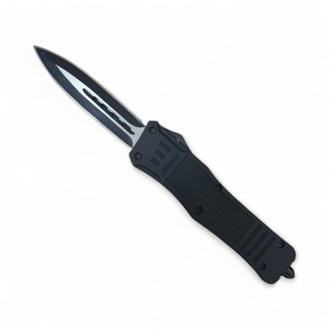 Camping, Outdoor & Bushcraft - Briceag AVI® automat metalic, lamă 9.5 cm cu dublu tăiș, lungime totală 23.5 cm, grosime lamă 2.5 mm, 240 g, cu spargător de geam, teacă inclusă, AVI-5129