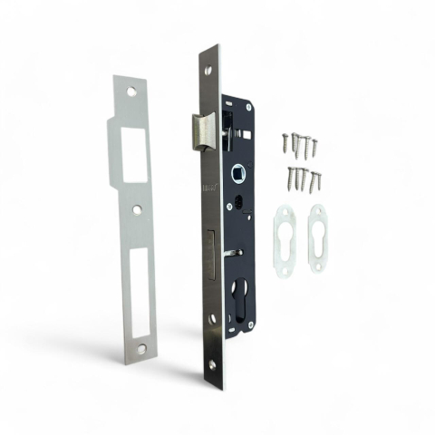 Broaste si yale - Broască incastrata AVI® pentru ușă, cu limbă, backset 20 mm, interax 85 mm, contraplacă inclusă, 400 g, AVI-4287