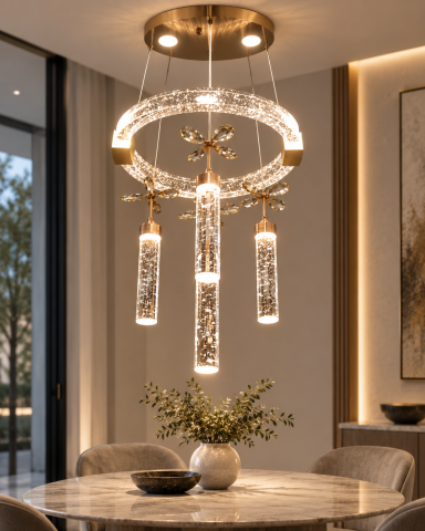 Casa - Candelabru LED cu suport metalic auriu iluminat, Ø35 cm, sticlă aerată iluminată, AVI-4373