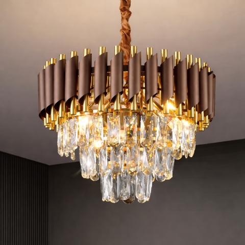 Lustre si pendule - Candelabru Ø40 cm, cu cristale, maro bronz–auriu, 5 × E14, AVI-4377