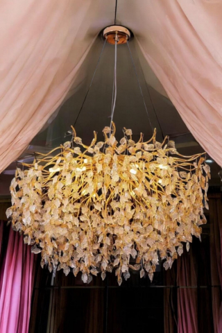 Candelabru suspendat, inaltime ajustabila, 9 x E14, cu 1200 piese transparente si aurii, Ø 50cm, schelet auriu, ramificatii usor flexibile, AVI-4379 [2]