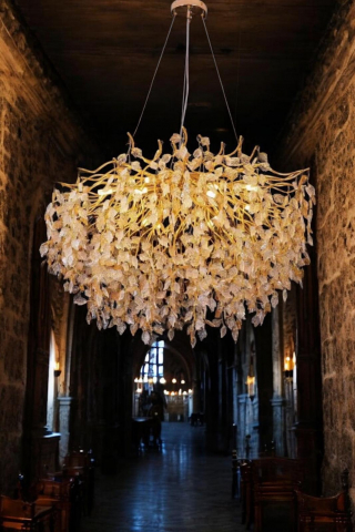 Candelabru suspendat, inaltime ajustabila, 9 x E14, cu 1200 piese transparente si aurii, Ø 50cm, schelet auriu, ramificatii usor flexibile, AVI-4379 [3]