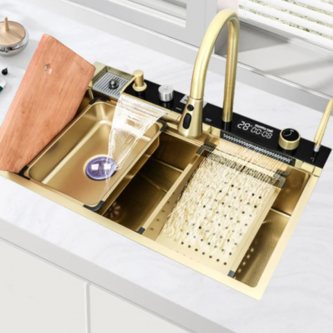 Chiuveta AVI® multifunctionala cu doua cascade, iluminare LED autonoma, spalator pahare, tavite, tocator, set scurgere si racorduri incluse, 750 x 460mm, auriu, AVI-4089AUR [2]