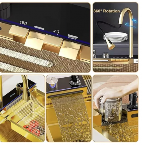 Chiuveta AVI® multifunctionala cu doua cascade, iluminare LED autonoma, spalator pahare, tavite, tocator, set scurgere si racorduri incluse, 750 x 460mm, auriu, AVI-4089AUR [1]