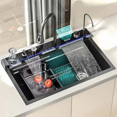 Bucatarie - Chiuveta AVI® multifunctionala cu doua cascade, iluminare LED autonoma, spalator pahare, tavite, tocator, set scurgere si racorduri incluse, 750 x 460mm, AVI-4089