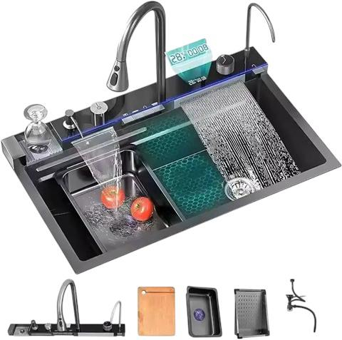 Chiuveta AVI® multifunctionala cu doua cascade, iluminare LED autonoma, spalator pahare, tavite, tocator, set scurgere si racorduri incluse, 750 x 460mm, AVI-4089 [6]