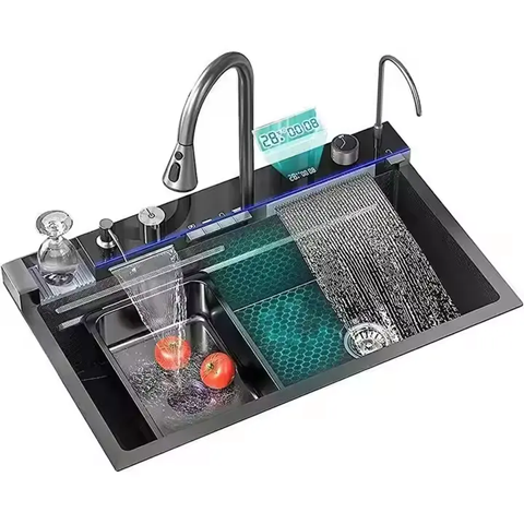 Chiuveta AVI® multifunctionala cu doua cascade, iluminare LED autonoma, spalator pahare, tavite, tocator, set scurgere si racorduri incluse, 750 x 460mm, AVI-4089 [3]