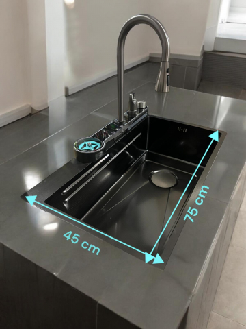 Chiuveta bucatarie, multifunctionala, inox 304 baterie completa cu spalator pahare, cascada tip ploaie, banda LED, afisaj temperatura autonom, 750 x 450mm, accesorii incluse, AVI-4585 [11]