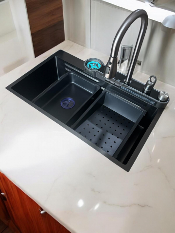 Chiuveta bucatarie, multifunctionala, inox 304 baterie completa cu spalator pahare, cascada tip ploaie, banda LED, afisaj temperatura autonom, 750 x 450mm, accesorii incluse, AVI-4585 [6]