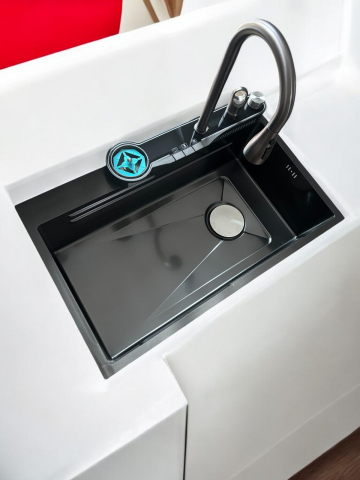 Chiuveta bucatarie, multifunctionala, inox 304 baterie completa cu spalator pahare, cascada tip ploaie, banda LED, afisaj temperatura autonom, 750 x 450mm, accesorii incluse, AVI-4585 [7]