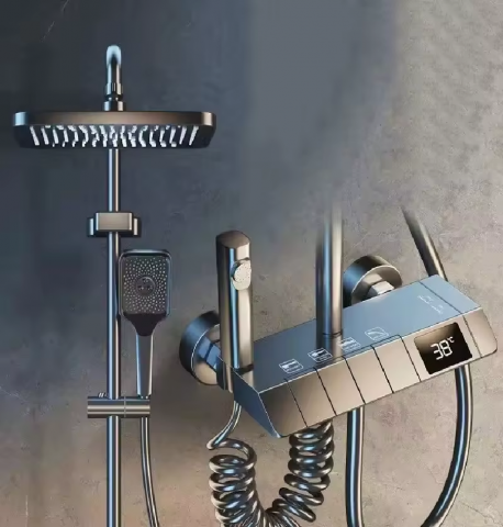 Coloane de dus si seturi de dus - Coloana de dus completa AVI®, cu display temperatura apa fara conectare la reteaua electrica, butoane comenzi piano, gri-maroniu, AVI-4090