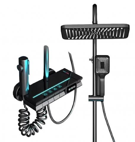 Coloane de dus si seturi de dus - Coloana de dus completa, cu panou de comanda sticla, cu display temperatura apa fara conectare la reteaua electrica, negru, AVI-4091