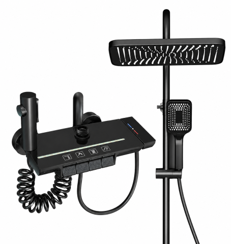 Coloane de dus si seturi de dus - Coloană de duș completă cu panou din sticlă, AVI®, display temperatură fără alimentare electrică, negru, consolă 23 cm, AVI-4091