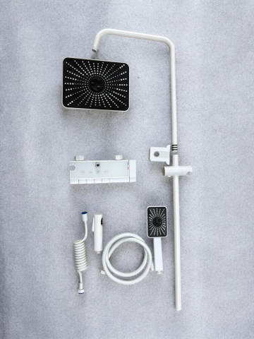 Coloana de dus premium completa, panou de comanda alb metal 2 kg, 25.20 cm, autonoma, banda LED si afisare temperatura apa, nu necesita conectarea la o sursa de energie, tevi metal, alb AVI-4844 [7]