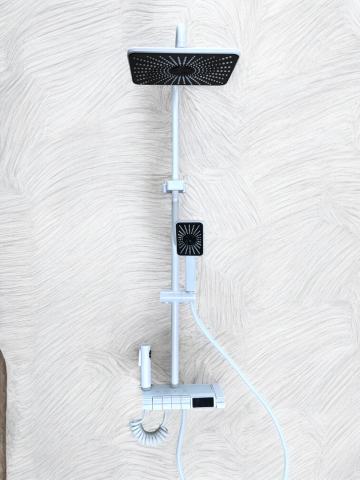 Coloane de dus si seturi de dus - Coloana de dus premium completa, panou de comanda alb metal 2 kg, 25.20 cm, autonoma, banda LED si afisare temperatura apa, nu necesita conectarea la o sursa de energie, tevi metal, alb AVI-4844