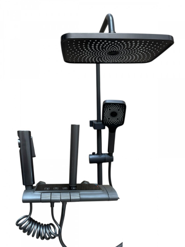 Coloane de dus si seturi de dus - Coloana de dus premium, panou de comanda de 1.8kg din metal cu iluminare LED, gri cu sticla securizata neagra, AVI-4868