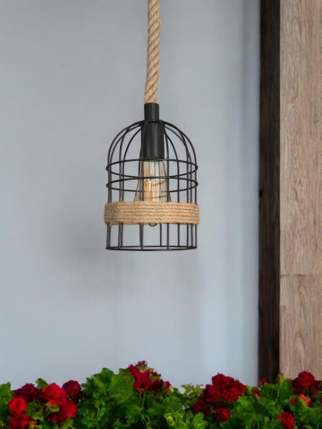 Corp de iluminat E27 tip pendul retro, vintage, cu franghie iuta, H 80cm, Ø corp pendul 15cm, metal, bec decorativ 4431 inclus, AVI-4812 [4]