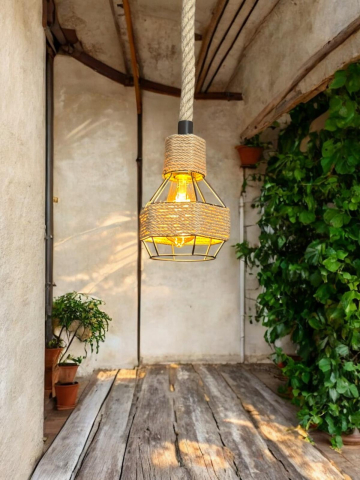 Corp de iluminat E27 tip pendul retro, vintage, cu franghie iuta, H 80cm, Ø corp pendul 15cm, metal, bec decorativ 4431 inclus, AVI-4813 [2]