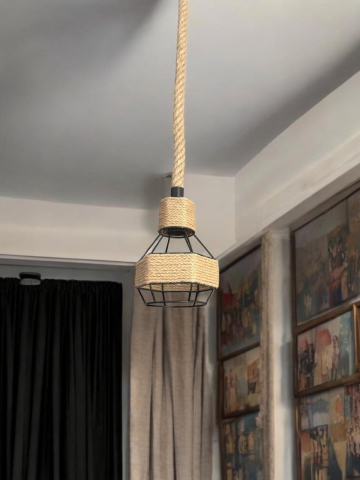 Corp de iluminat E27 tip pendul retro, vintage, cu franghie iuta, H 80cm, Ø corp pendul 15cm, metal, bec decorativ 4431 inclus, AVI-4813 [9]