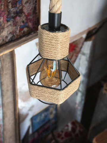 Corp de iluminat E27 tip pendul retro, vintage, cu franghie iuta, H 80cm, Ø corp pendul 15cm, metal, bec decorativ 4431 inclus, AVI-4813 [5]