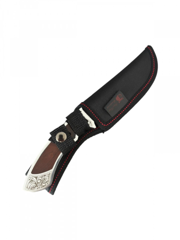 Cuțit de vânătoare și drumeție 139, lamă 11 cm, total 22 cm, grosime 3 mm, mâner metalic cu inserție lemn, 200 g, cu teacă inclusă, cod AVI-5027 [1]