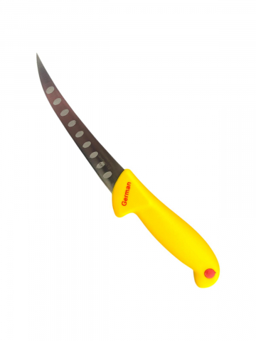 Bucatarie - Cutit macelar cu lama curbata 13cm cu caneluri, total 26.5cm, galben, AVI-4560