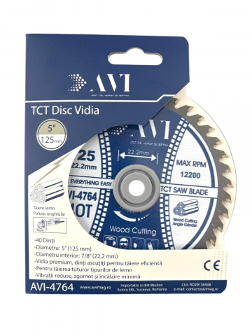 Disc premium cu vidia, AVI® 125mm pentru taiat lemnul, 40T, prindere Ø22.23mm pentru polizor unghiular, AVI-4764 [1]