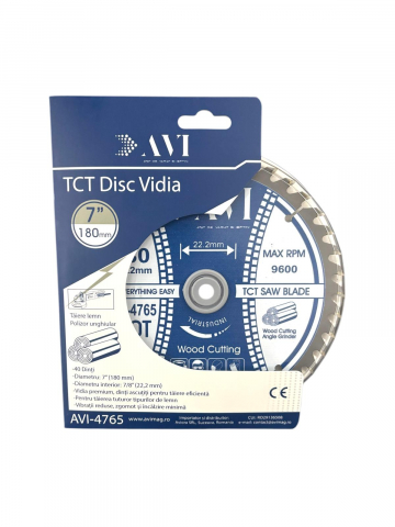 Disc premium cu vidia, AVI® 180mm pentru taiat lemnul, 40T, prindere Ø22.23mm pentru polizor unghiular, AVI-4765 [1]