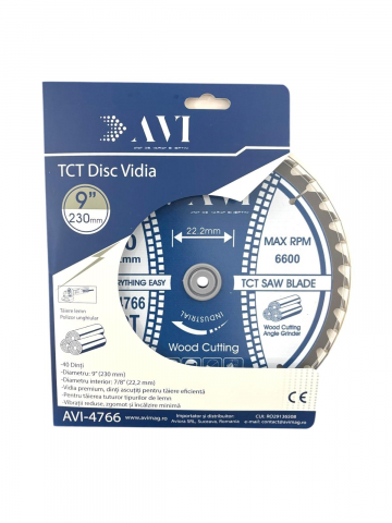 Disc premium cu vidia, AVI® 230mm pentru taiat lemnul, 40T, prindere Ø22.23mm pentru polizor unghiular, AVI-4766 [1]