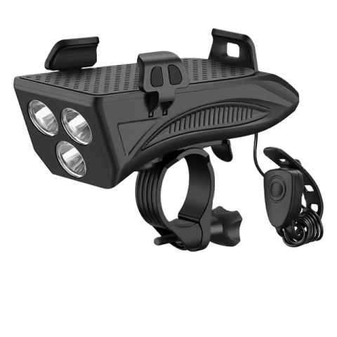 Lumini bicicleta - Far bicicleta cu 3 LED, sonerie 130db, suport pentru telefon, acumulator 2000mAh, functie powerbank, waterproof IPX4, AVI-4326