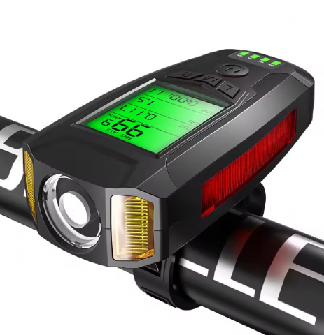 Lumini bicicleta - Far bicicleta cu ciclocomputer, iluminare XPG, COB, 2835X2IED, claxon incorporat, afisare viteza, distanta, acumulator 1200mAh, incarcare USB rezistent la apa IPX4, negru, AVI-4353