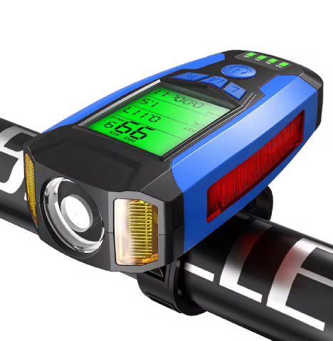 Lumini bicicleta - Far bicicleta cu ciclocomputer, iluminare XPG, COB, 2835X2IED, claxon incorporat, afisare viteza, distanta, acumulator 1200mAh, incarcare USB rezistent la apa IPX4, albastru, AVI-4353