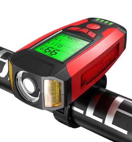 Far bicicleta cu ciclocomputer, iluminare XPG, COB, 2835X2IED, claxon incorporat, afisare viteza, distanta, acumulator 1200mAh, incarcare USB, rezistent la apa IPX4, rosu, AVI-4353 [1]