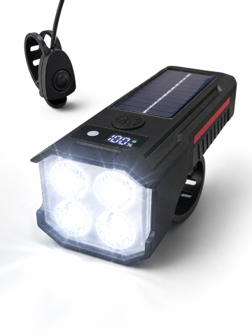 Accesorii si piese de schimb biciclete - Far pentru bicicletă LED, AVI®, sonerie puternică, încărcare solară și USB-C, display digital baterie, lumină albă și roșie, AVI-5473