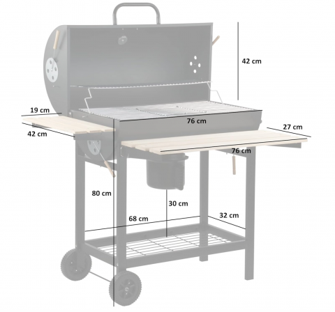 Grătar AVI® pe cărbuni, spatiu gatire Ø42 cm x 80 cm, cu termometru, 2 roți, ventilație reglabilă, raft încălzire, tavă cenușă, suporturi multiple, 110 x 71 x 103 cm, 20 kg, AVI-4996 [9]