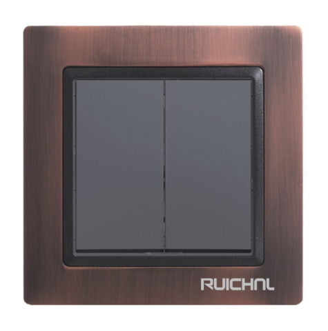 Intrerupatoare - Intrerupator dublu Ruichnl RC-3504, negru, rama metal maro bronz, AVI-2720