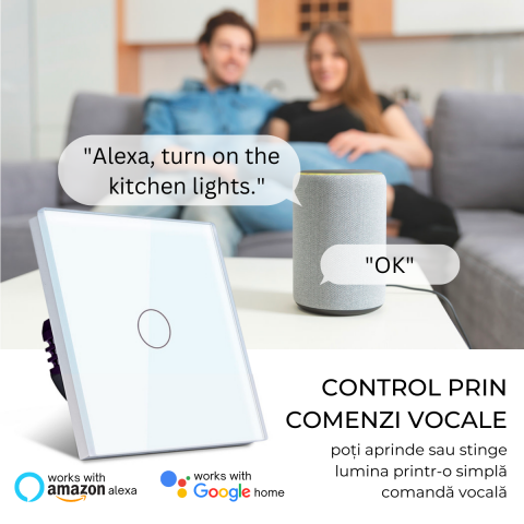Intrerupator smart cu touch, Wi-Fi, Bluetooth, Control vocal, Smart Life / Tuya APP, 1 Canal, Alb [12]