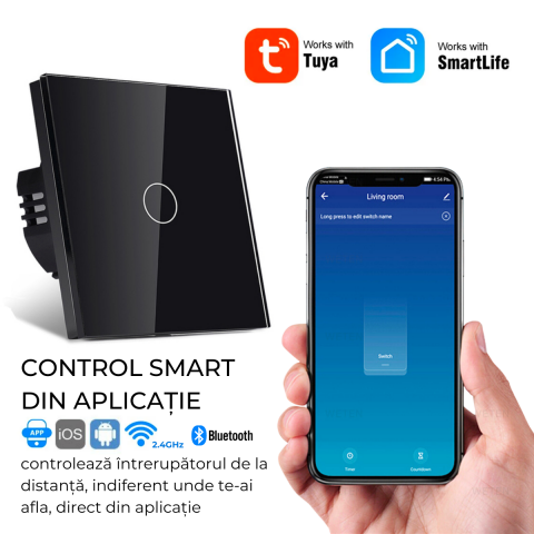 Intrerupator smart cu touch, Wi-Fi, Bluetooth, Control vocal, Smart Life / Tuya APP, 1 Canal, Negru [9]