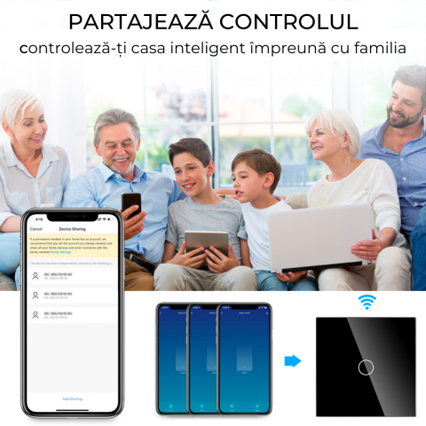 Intrerupator smart cu touch, Wi-Fi, Bluetooth, Control vocal, Smart Life / Tuya APP, 1 Canal, Negru [1]
