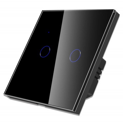 Intrerupatoare - Intrerupator smart cu touch, Wi-Fi, Bluetooth, Control vocal, Smart Life / Tuya APP, 2 Canale, Negru