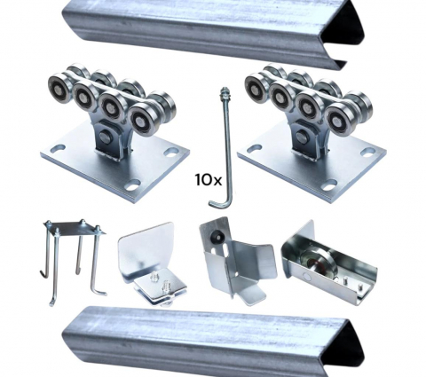 Kit-uri automatizari porti si usi garaj - Kit complet poarta autoportanta sarcina 1.000 kg cu 2 x sina 3m (total 6 metri) profil 9.5cm x 8.5cm, grosime 5mm, cu accesorii, 2 x ansamblu cu 8 role Ø67mm, AVI-3634