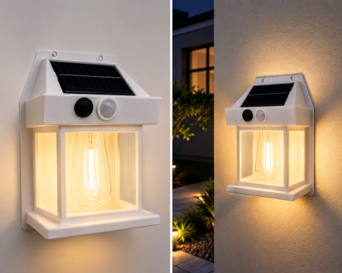 Lampă de fațadă solară, AVI®, 14 × 9.5 cm, 1W, 600 lm, acumulator 1800 mAh, lumină caldă, senzor de mișcare, AVI-5436 [1]